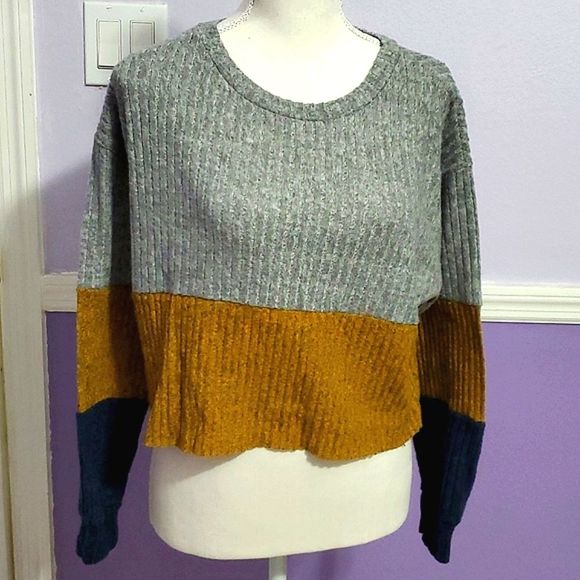 Gray, Gold & Dark Green Long Sleeve Soft Ribbed Knit Boxy Oversized Sweater - Picture 1 of 7